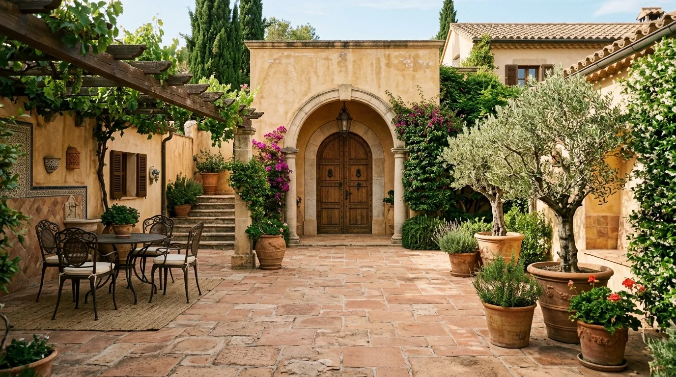 A compact backyard patio paved with classic pavers in daylight, no people