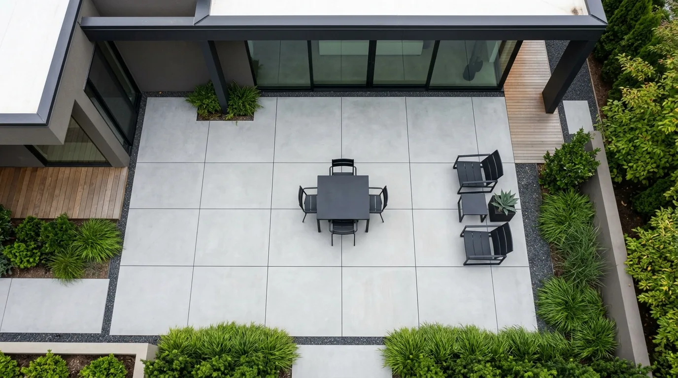 A curved paver patio outline in a landscaped backyard, no people