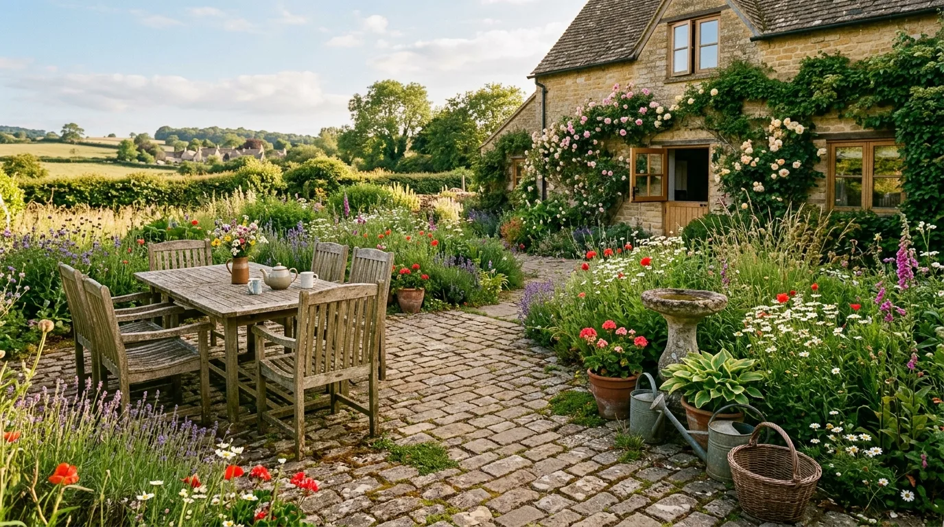 A paver patio beneath a pergola in a complete outdoor room setting, no people