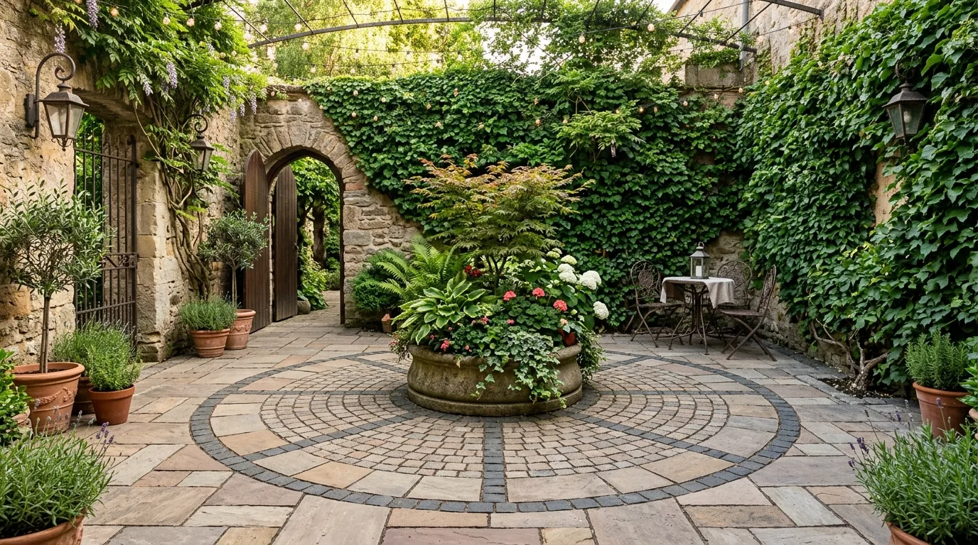 A classic gray paver patio brightened by planted borders, no people