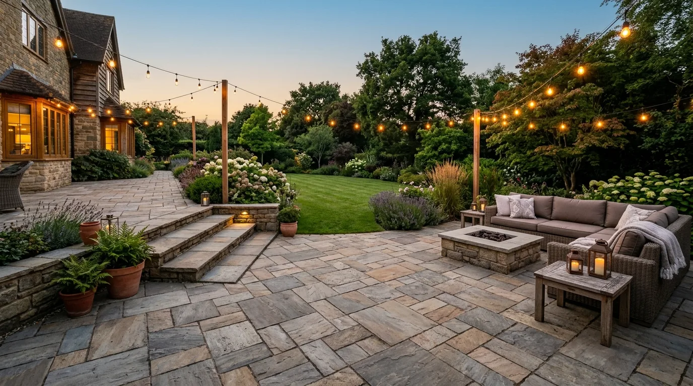 A layered entertaining patio with pavers and shallow steps, no people