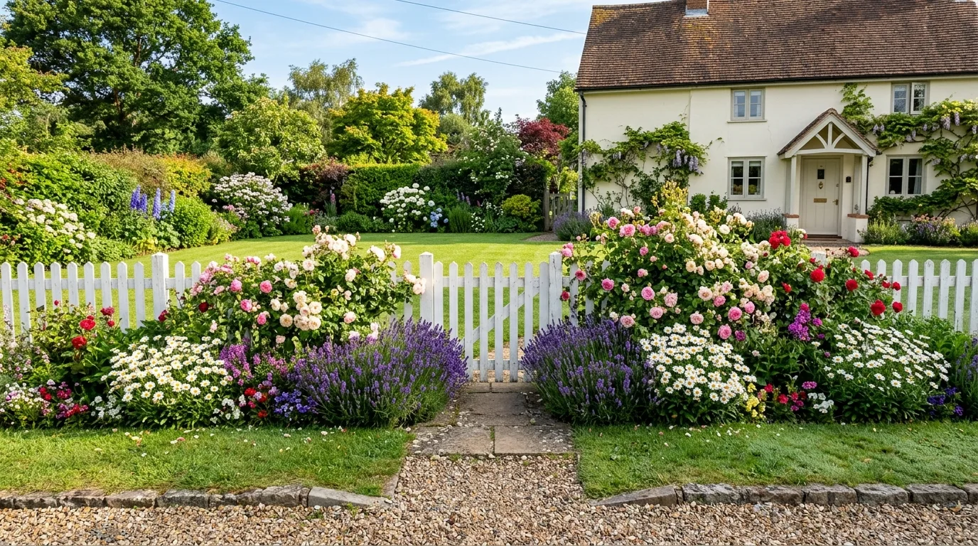 A beautiful front garden flower bed layered with shrubs and blooming flowers, no people