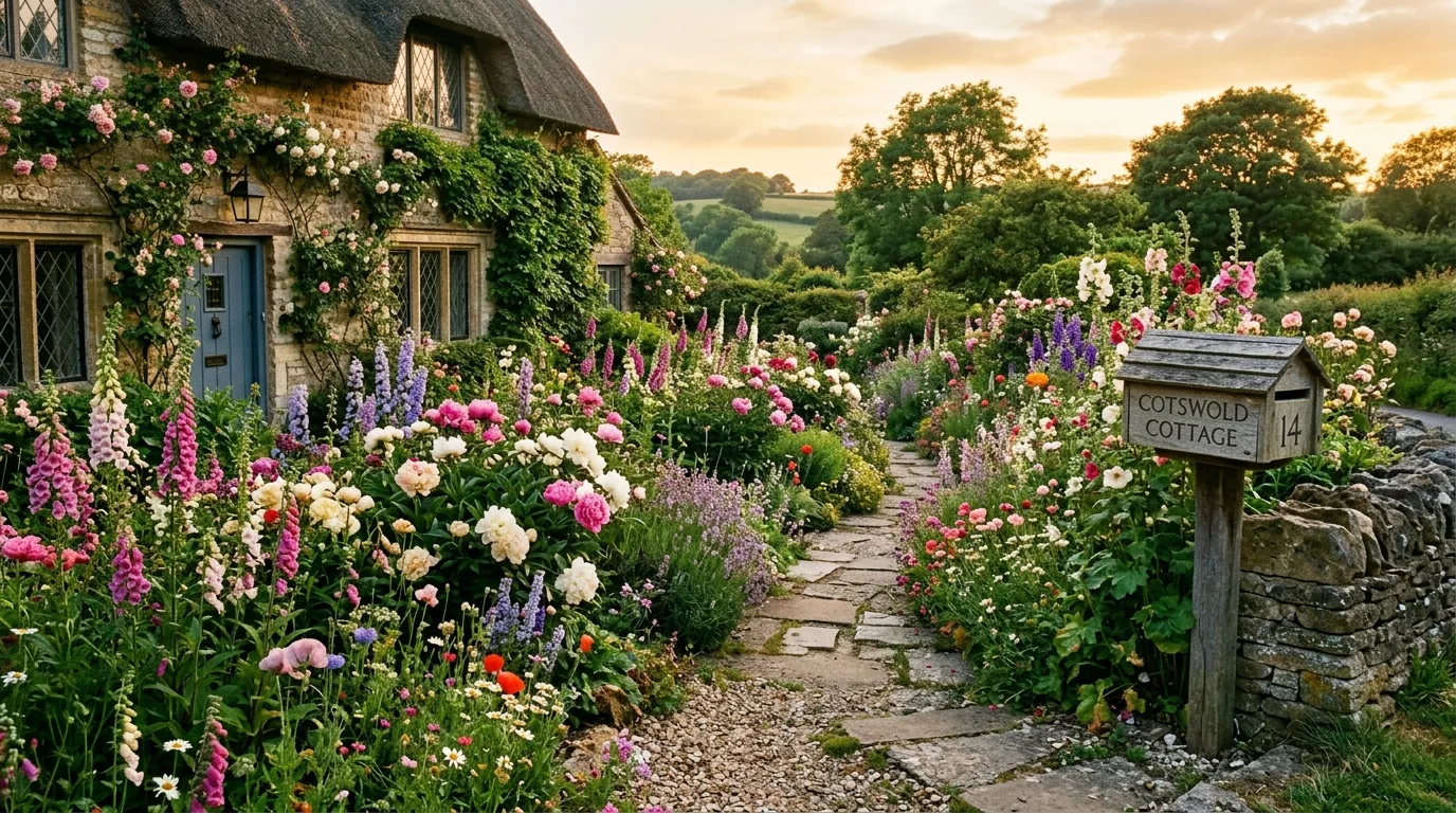 A symmetrical front flower bed framing the home entry in bloom, no people