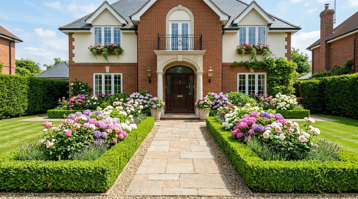 A cottage style front flower bed overflowing with soft colorful blooms, no people