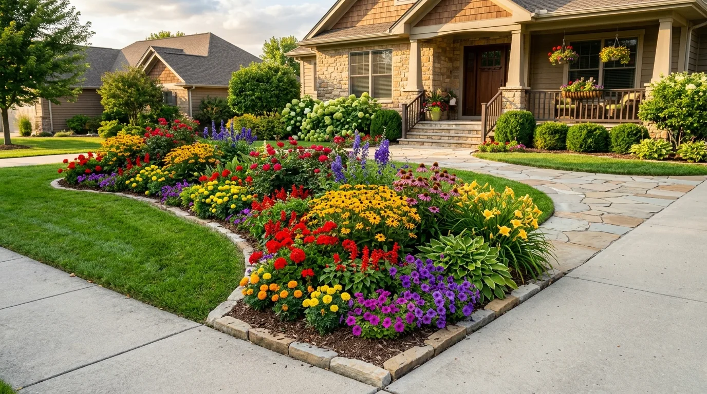 A front walkway brightened by a narrow flower border in daylight, no people