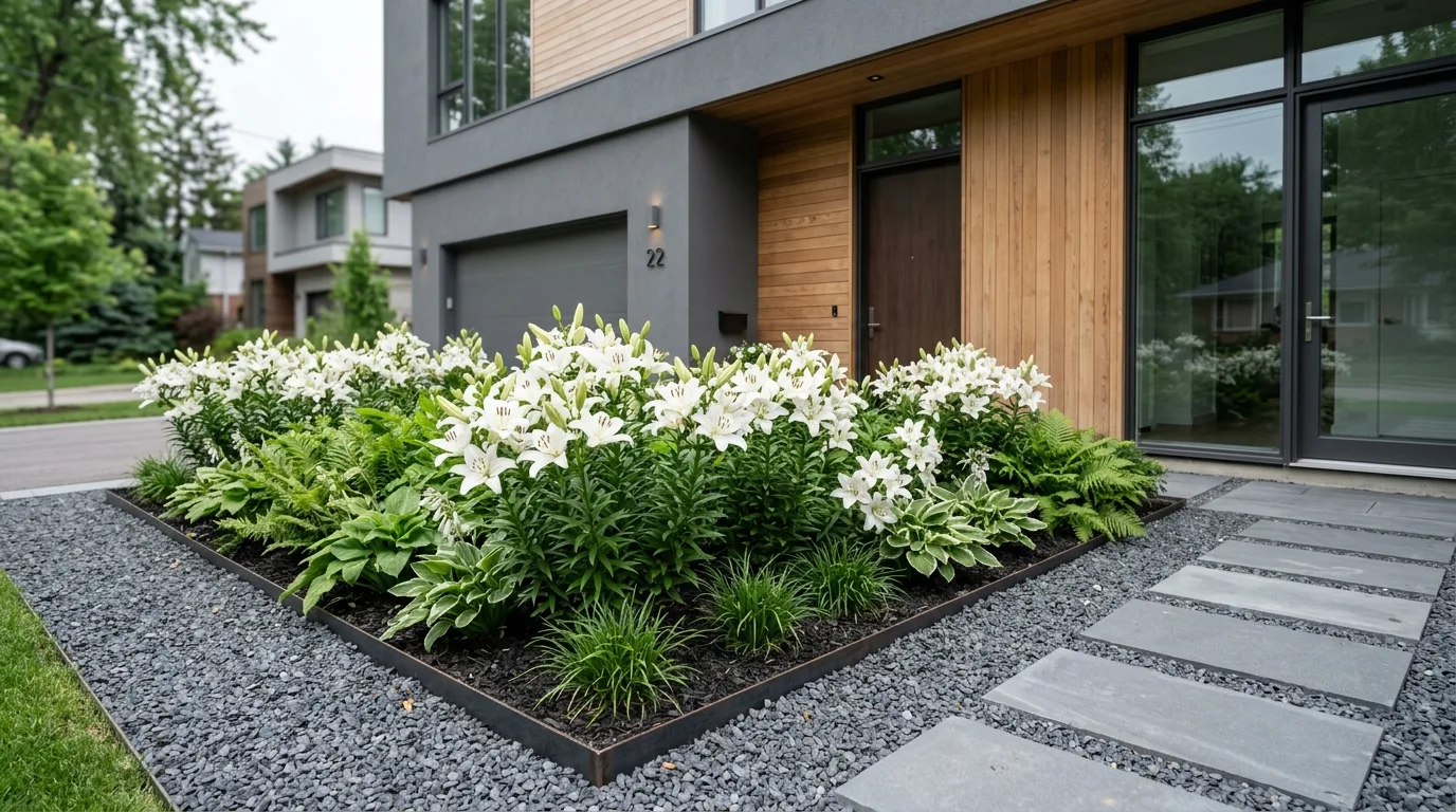A refined front flower bed in a white and green palette, no people