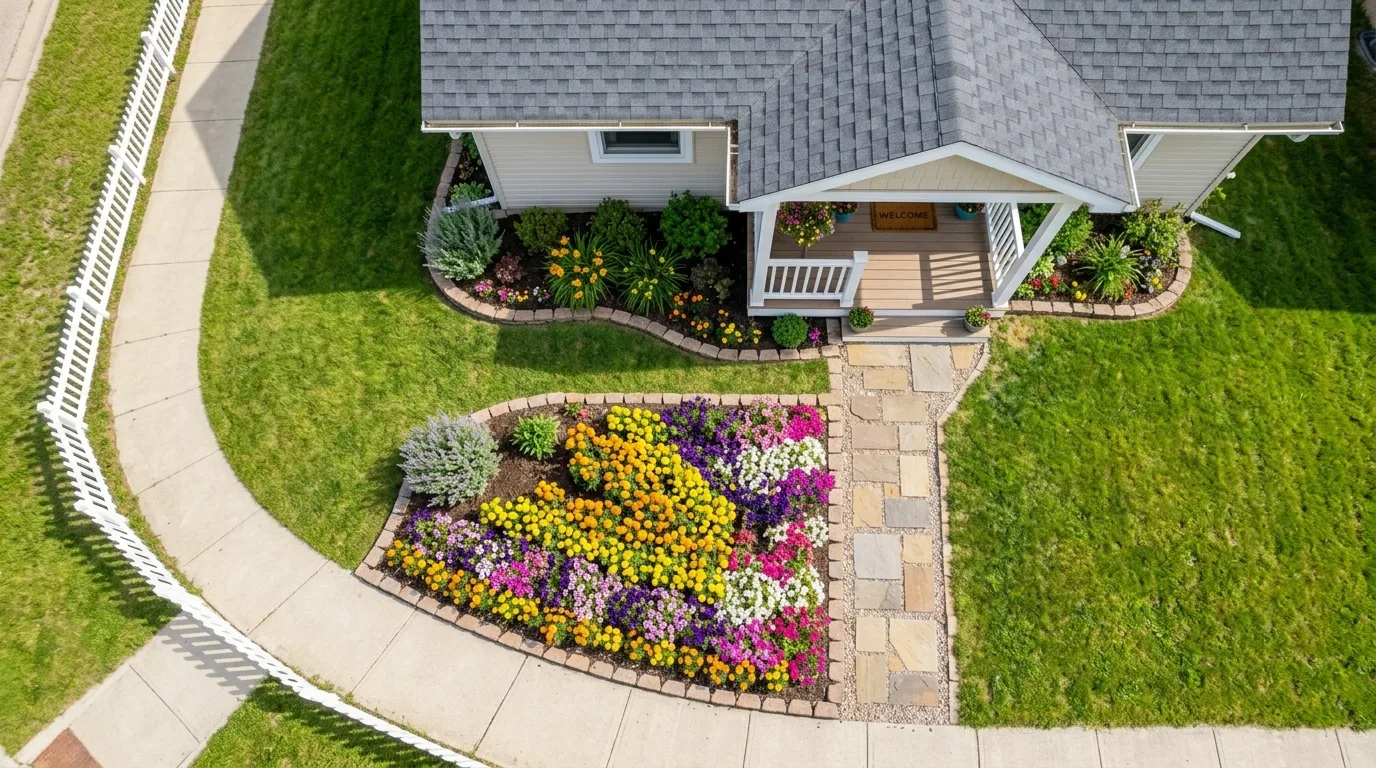A tidy front flower bed with low edging flowers beside a lawn, no people