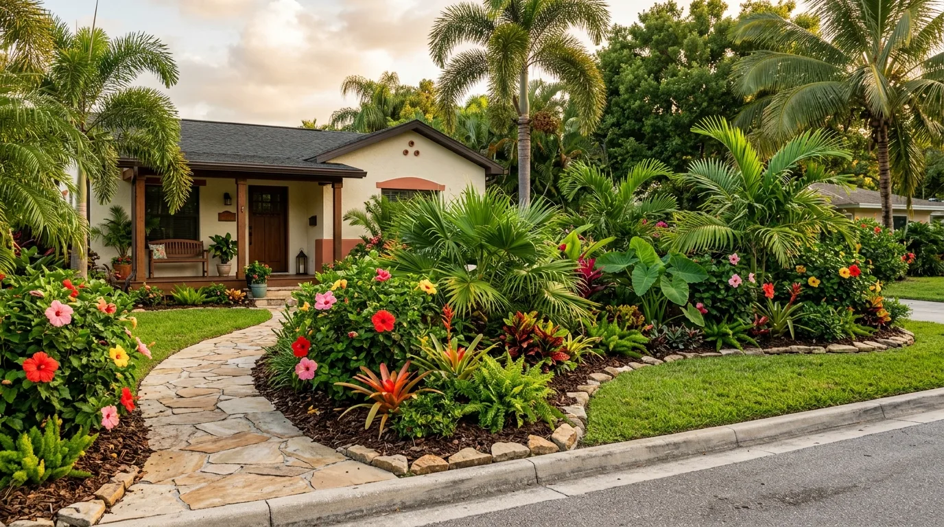 A colorful corner flower bed adding life to a home's front facade, no people