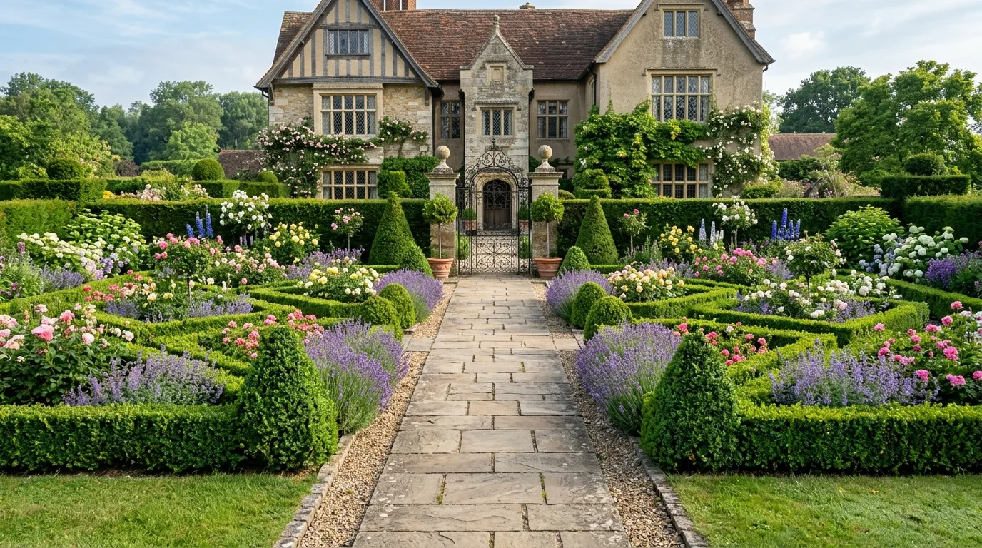 A shade friendly front flower bed brightening the side of a house, no people