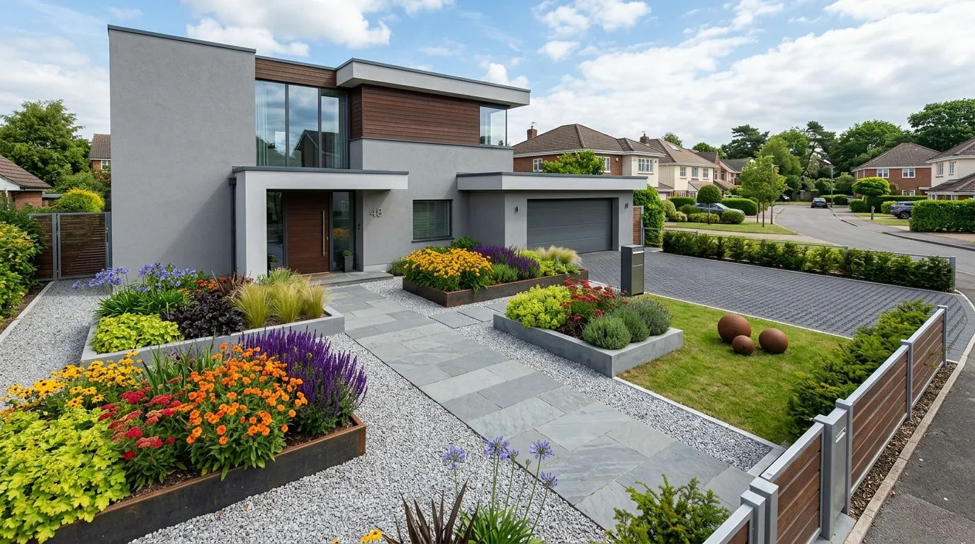 A front flower bed with evergreen structure and seasonal annual color, no people