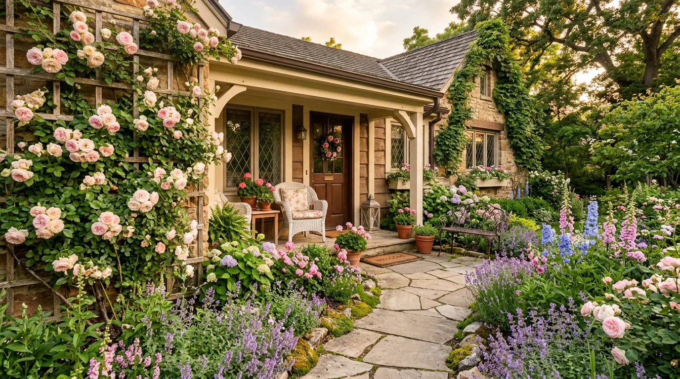 A modern front flower bed with grasses and controlled blooms, no people