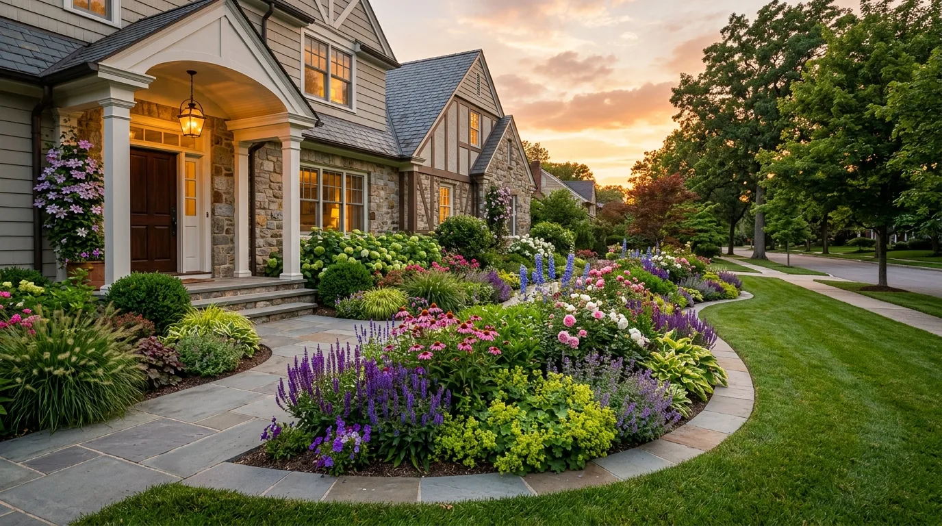 An entry focused front garden flower bed designed for curb appeal, no people