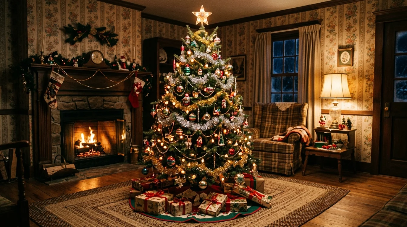 A nostalgic vintage Christmas tree decorated with multicolor bulbs, classic ornaments, and cheerful old-fashioned holiday styling, no people