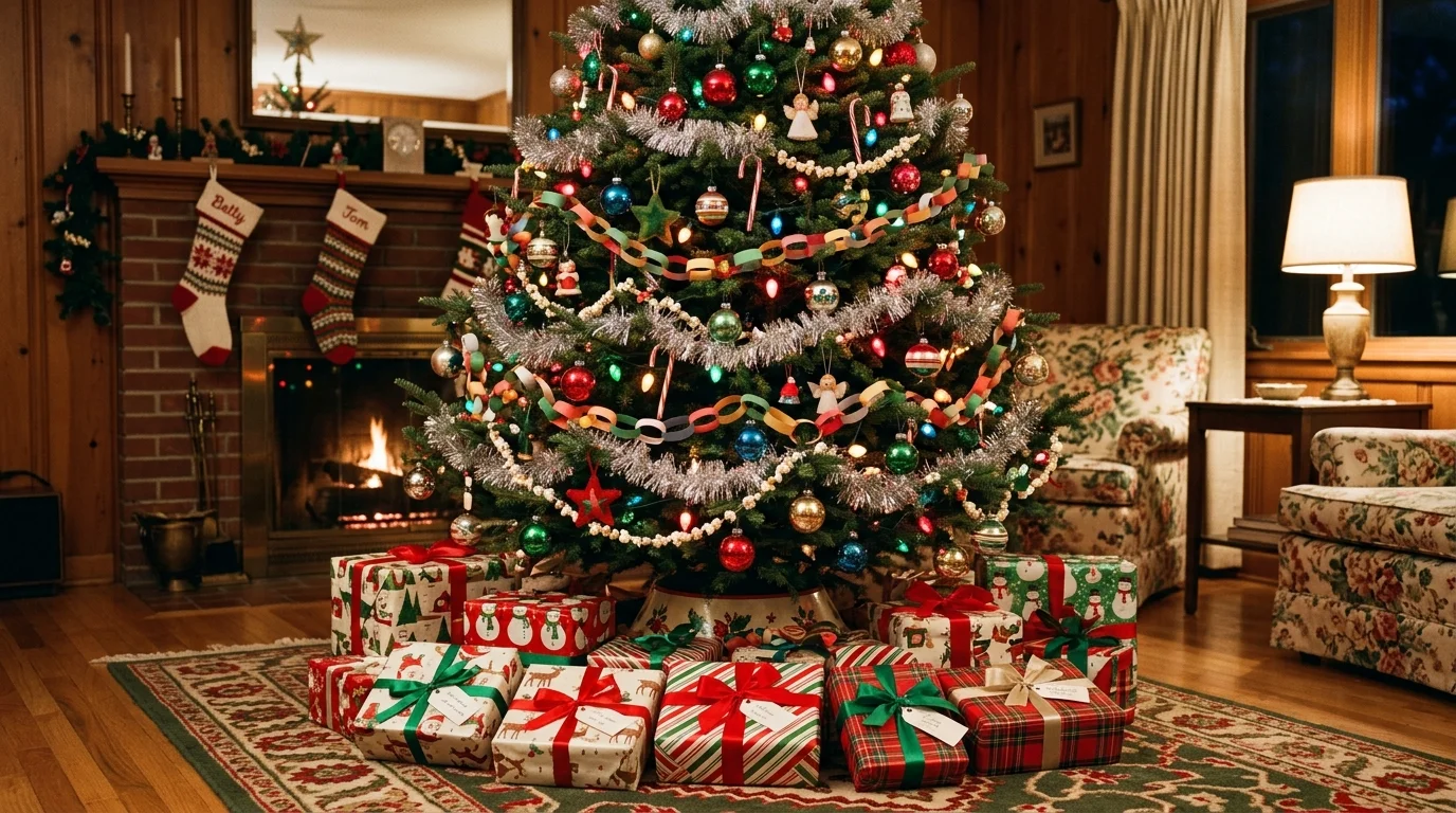 A vintage Christmas tree with shimmering tinsel, warm lights, and old-fashioned holiday sparkle, no people