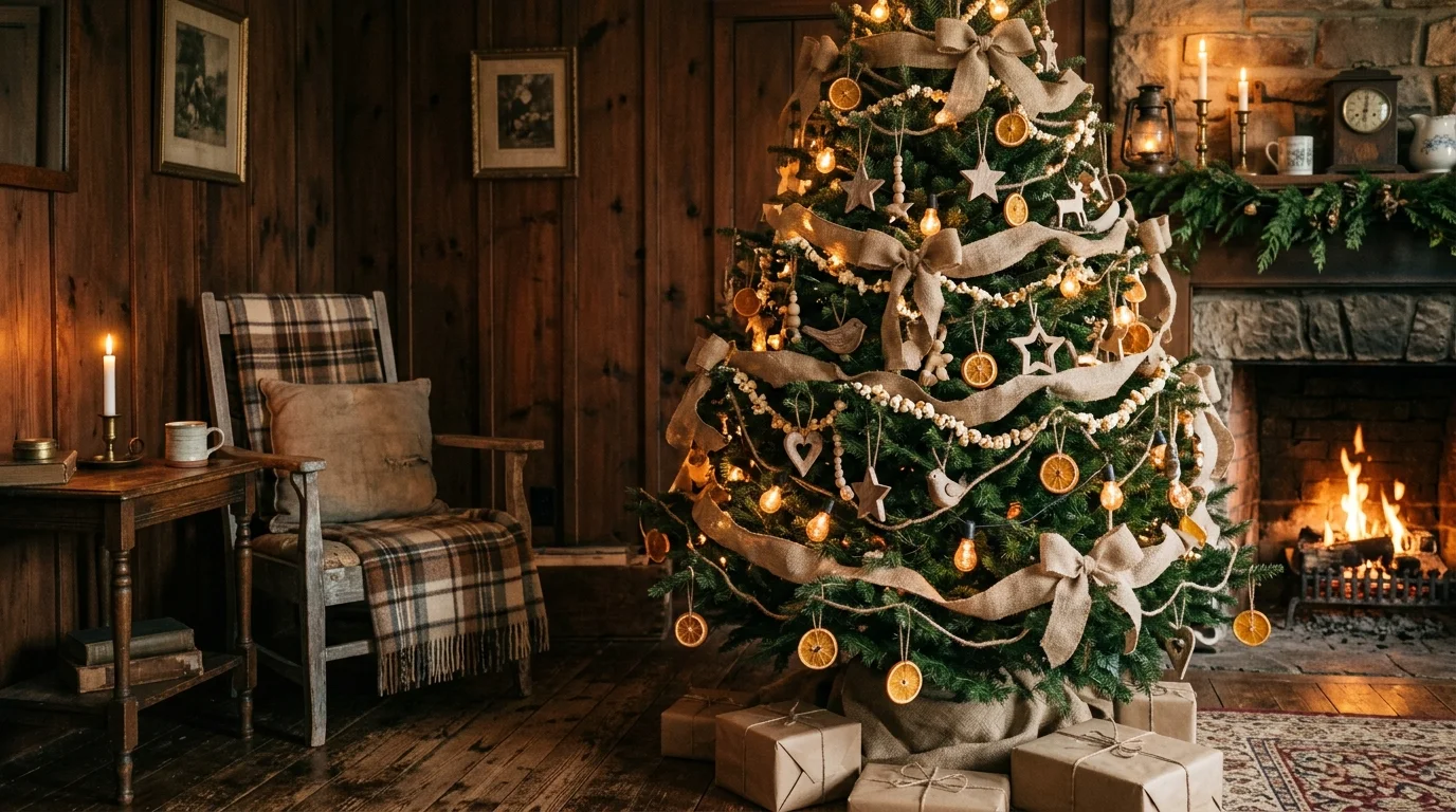 A nostalgic Christmas tree filled with heirloom ornaments, layered warm lights, and meaningful vintage holiday decor, no people