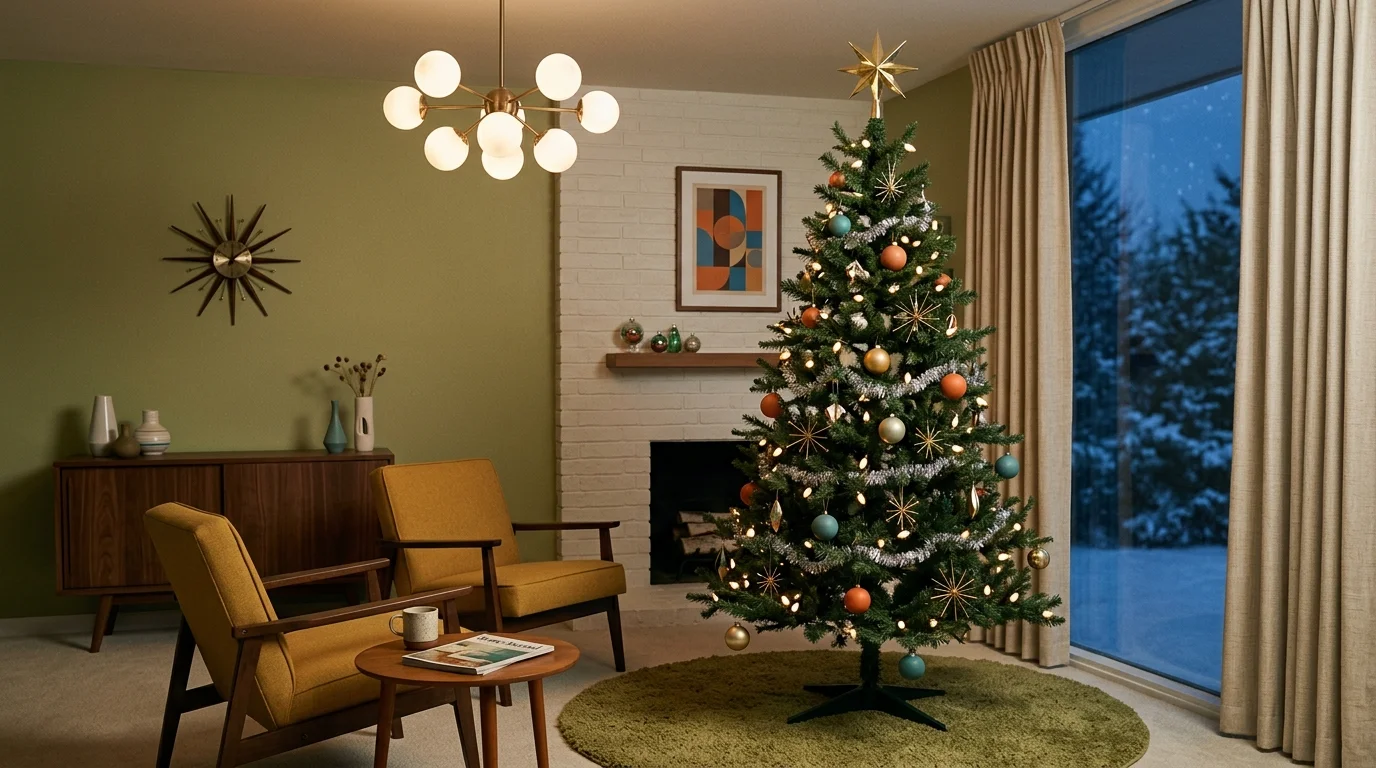 A playful vintage Christmas tree decorated with toy-inspired ornaments, colorful ribbons, and nostalgic holiday charm, no people