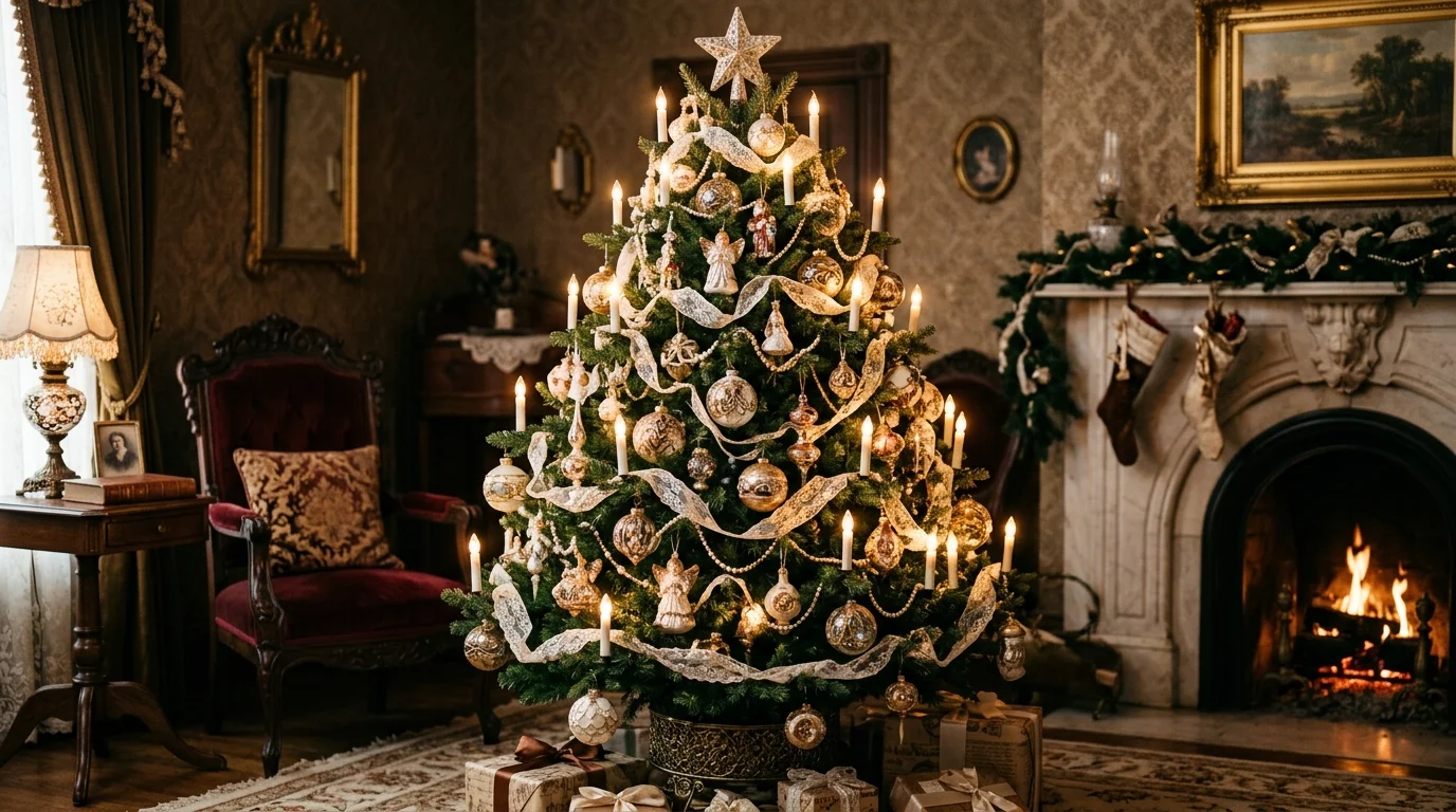 A classic vintage Christmas tree in red and green with traditional ornaments and warm timeless holiday styling, no people