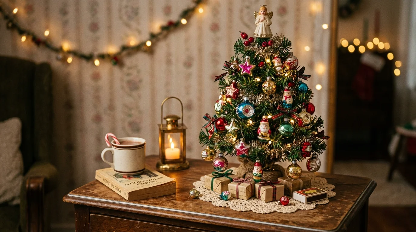 A vintage Christmas tree decorated with glass icicles, glowing lights, and frosty nostalgic holiday accents, no people