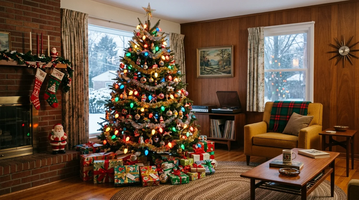 A nostalgic Christmas tree wrapped in plaid ribbon with classic ornaments and cozy vintage holiday warmth, no people