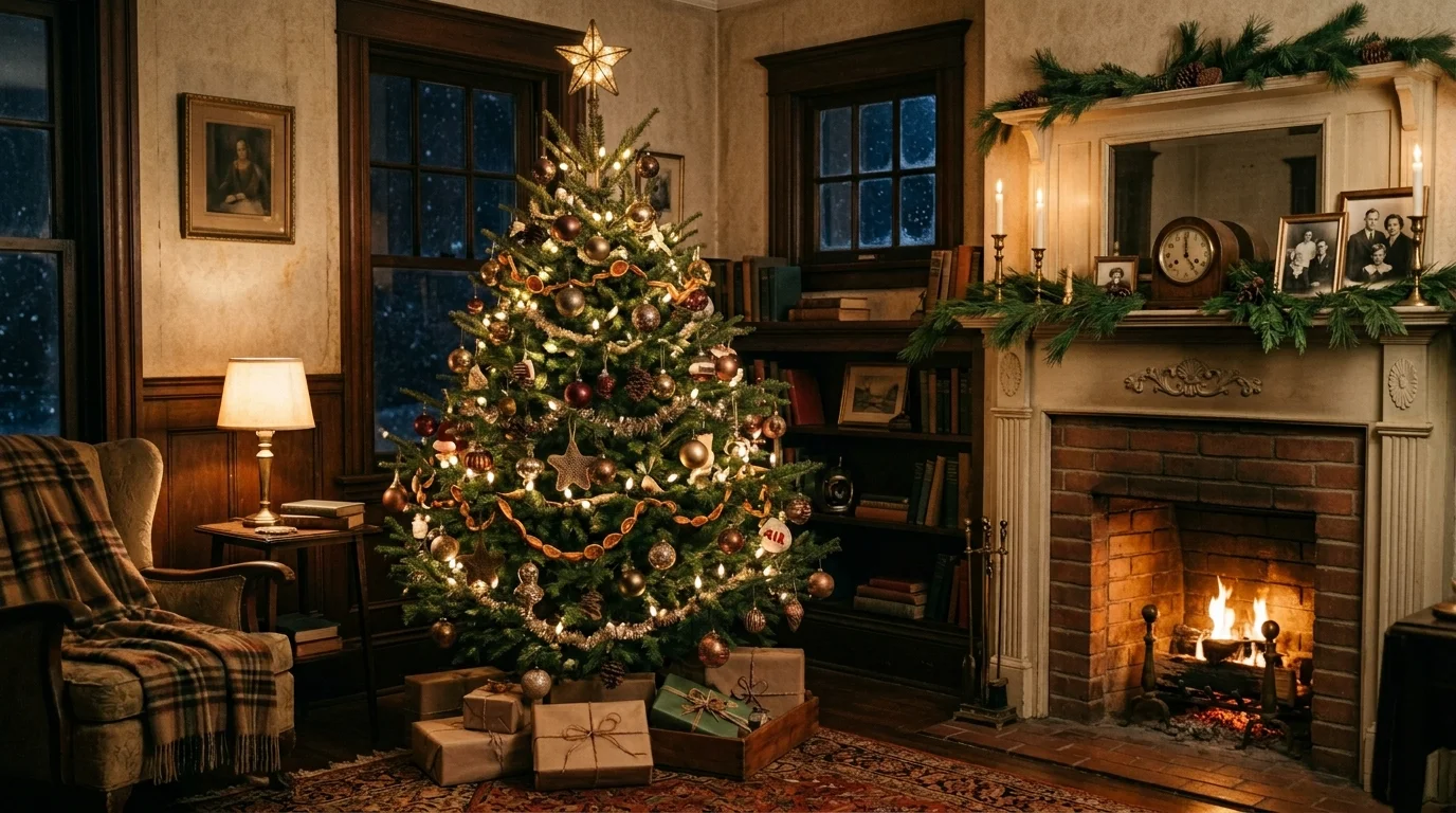 A vintage Christmas tree decorated with mercury glass ornaments, warm lights, and antique-inspired festive styling, no people