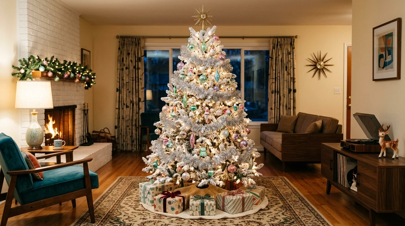 A nostalgic Christmas tree decorated with paper chains, simple ornaments, and handmade old-fashioned holiday charm, no people