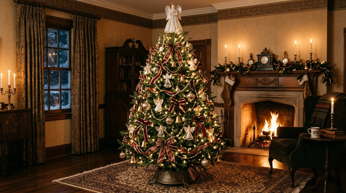 A vintage Christmas tree with crocheted ornaments, warm lights, and soft heirloom holiday texture, no people