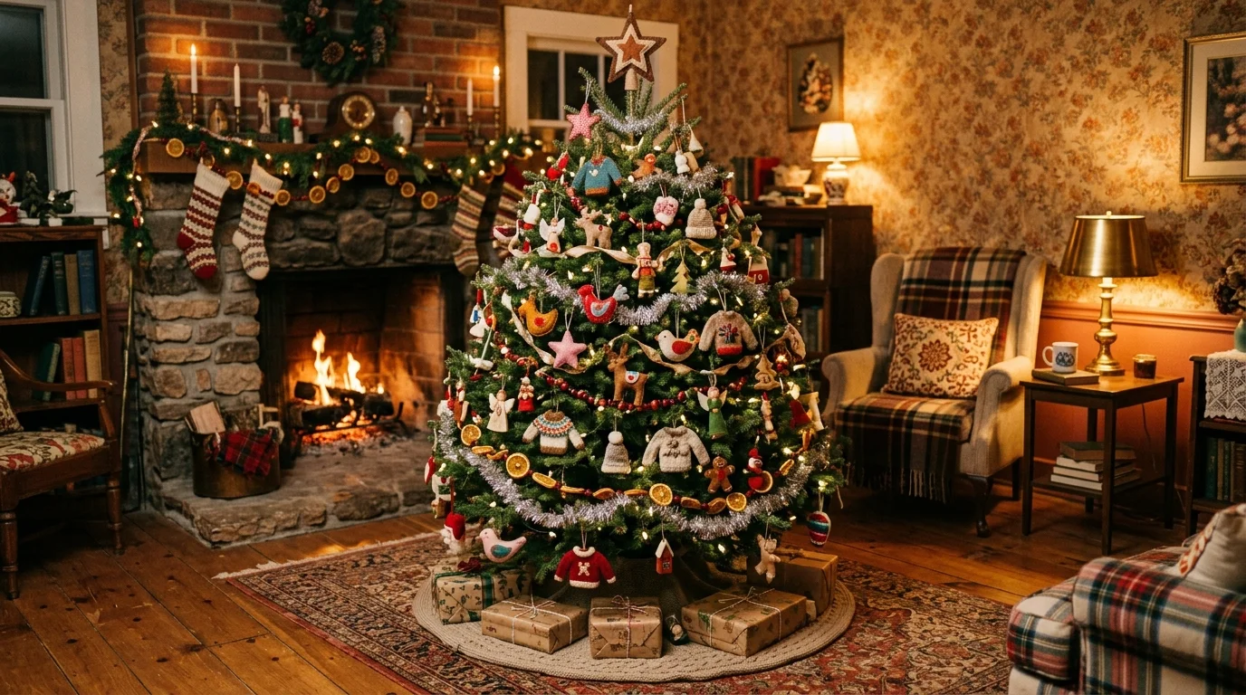 A nostalgic Christmas tree decorated with candy cane accents, classic ornaments, and cheerful vintage holiday spirit, no people