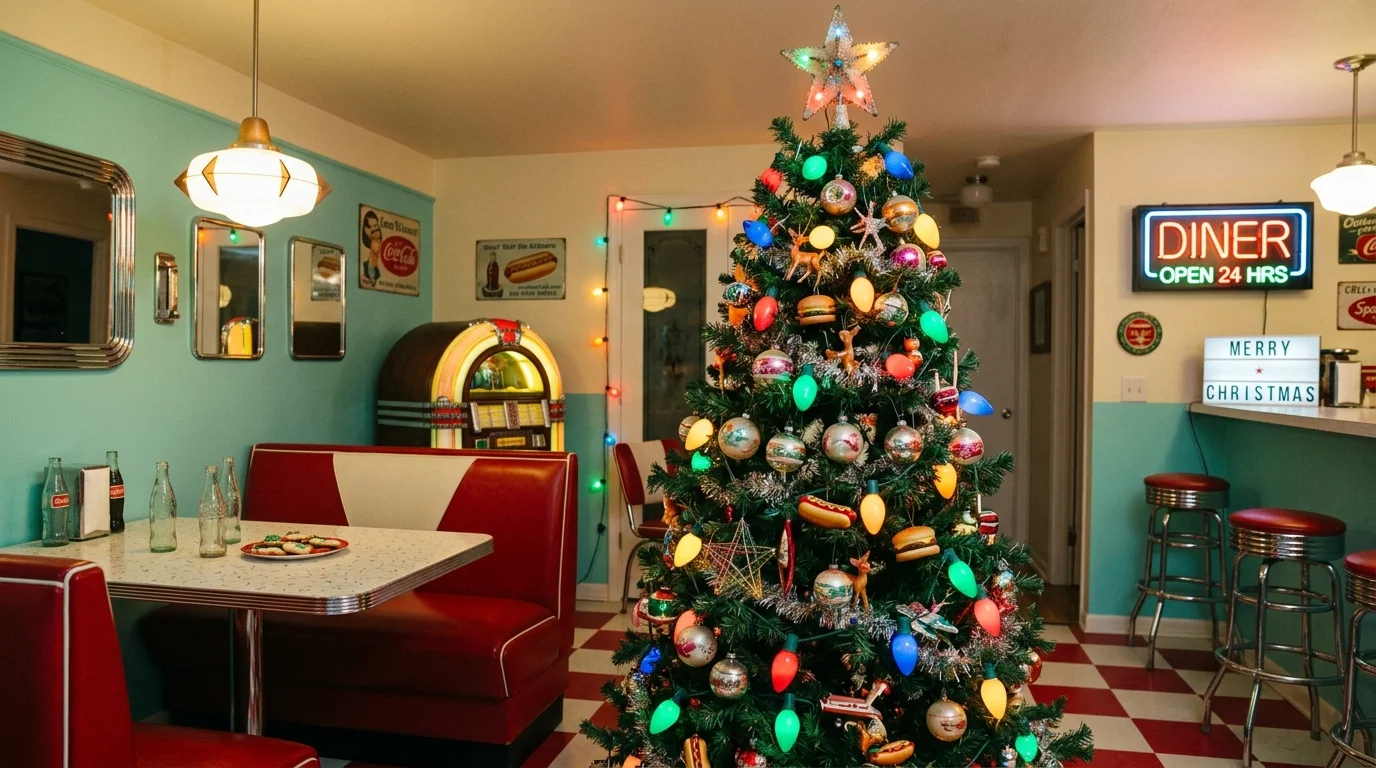 A vintage Christmas tree styled with brass ornaments, rich ribbon, and mature old-fashioned holiday elegance, no people