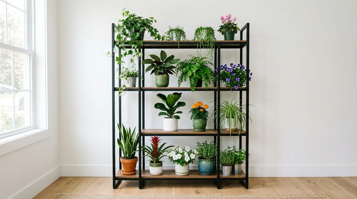 An elegant tiered wood flower pot stand on a balcony with layered plants, no people