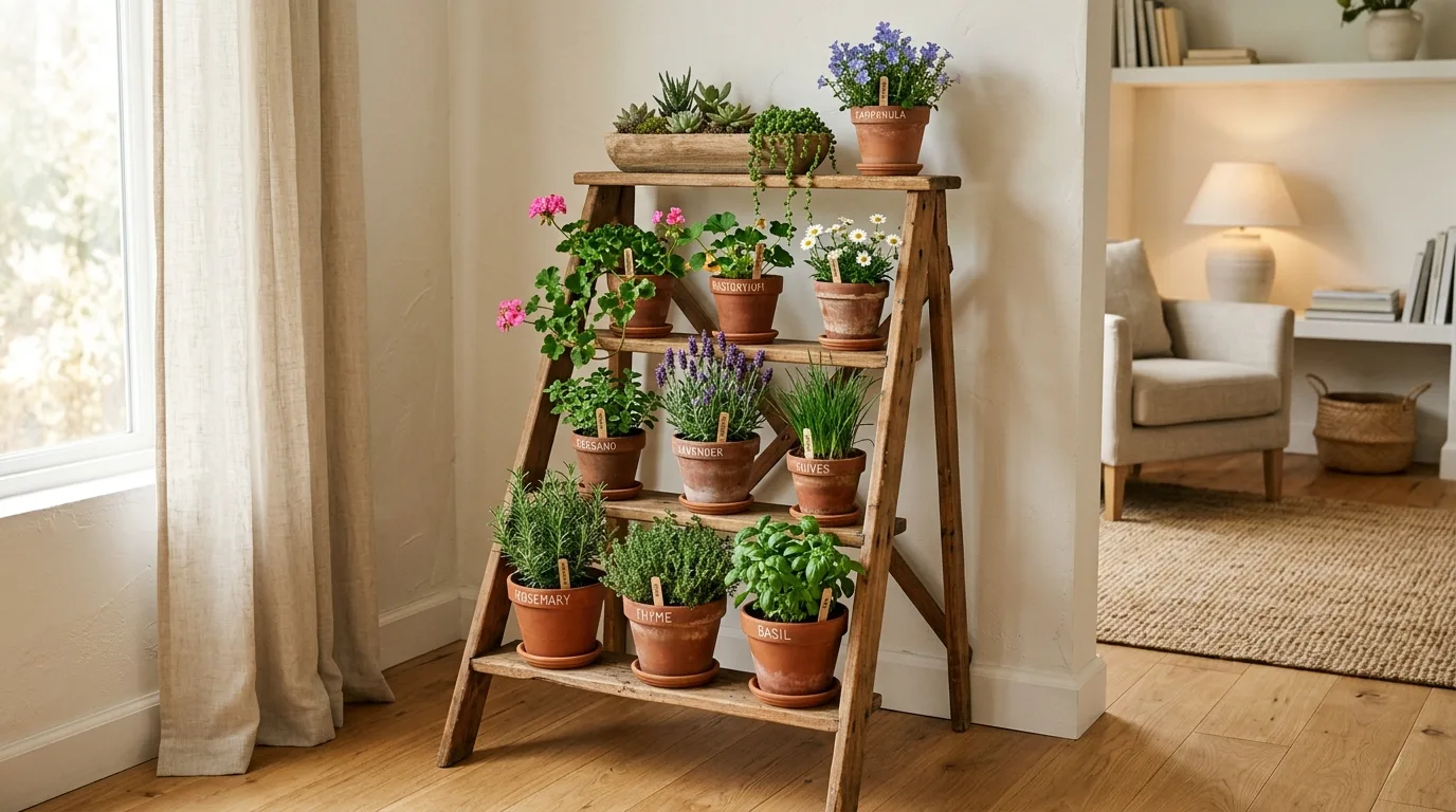 A black metal flower pot stand in a modern patio corner with plants, no people