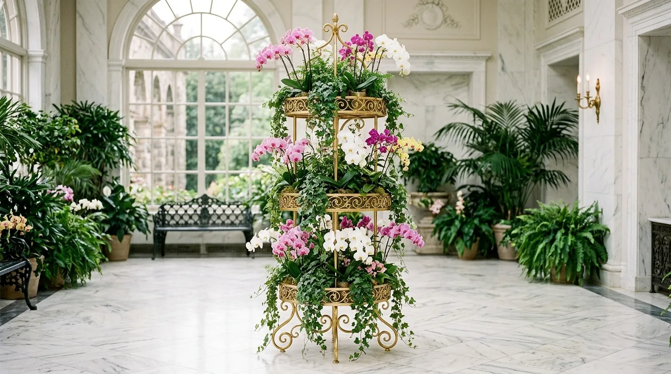 A ladder style flower pot stand with trailing and upright plants, no people
