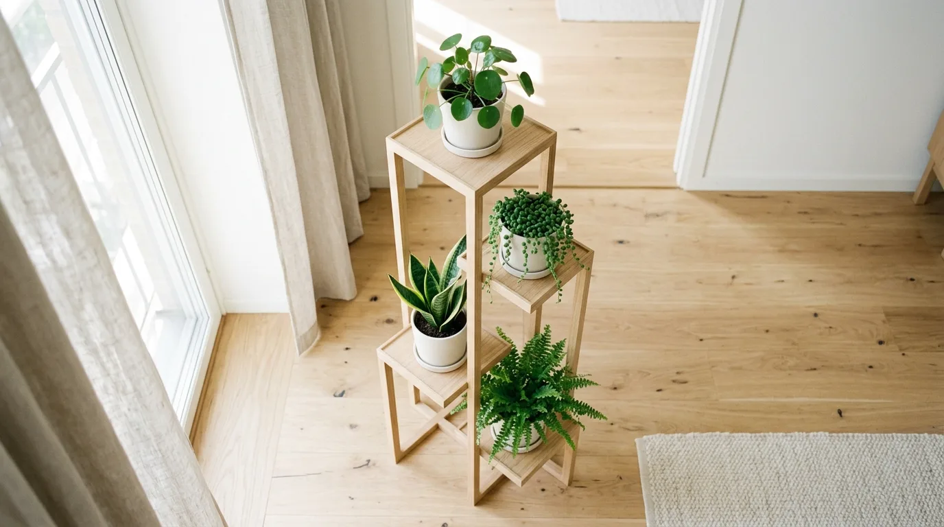 An elegant flower pot stand turning a porch corner into a green focal point, no people