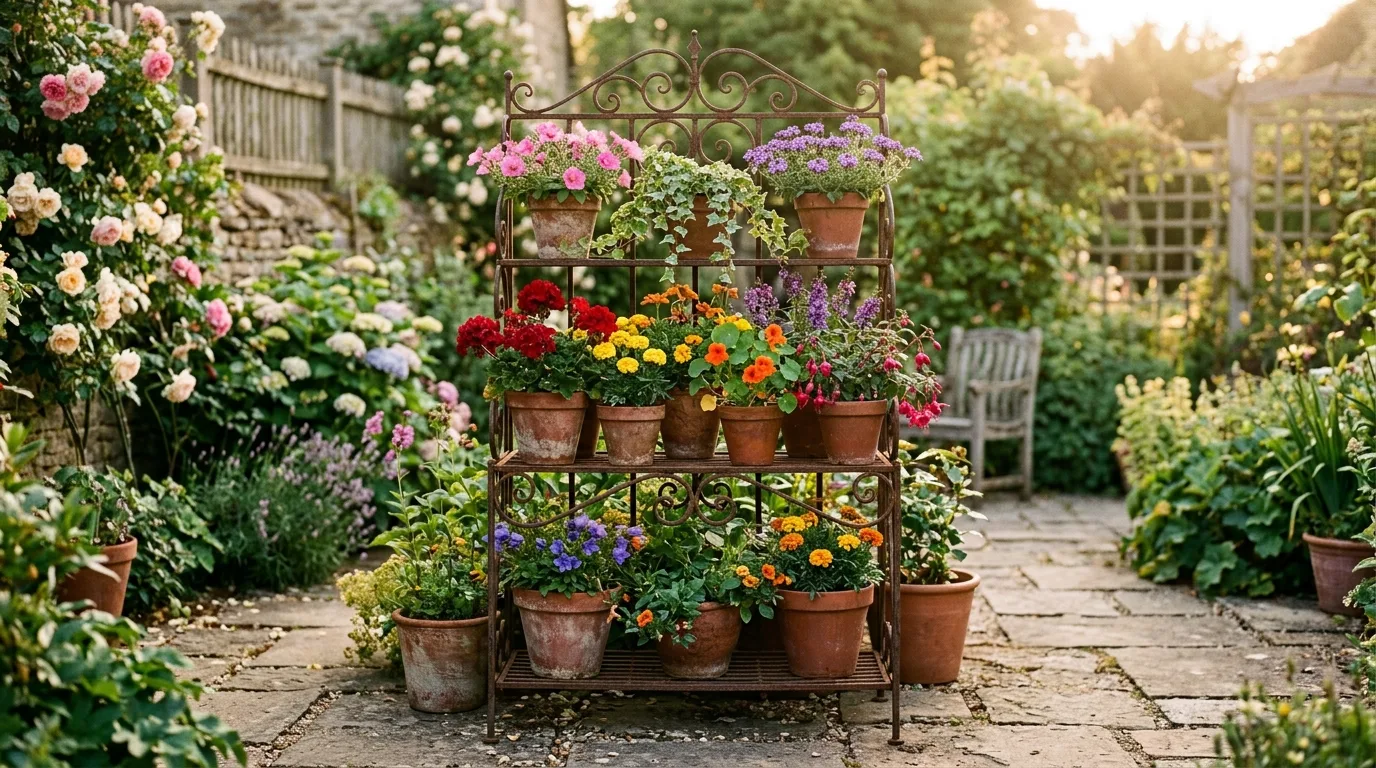 A white flower pot stand brightening a cottage style entry, no people