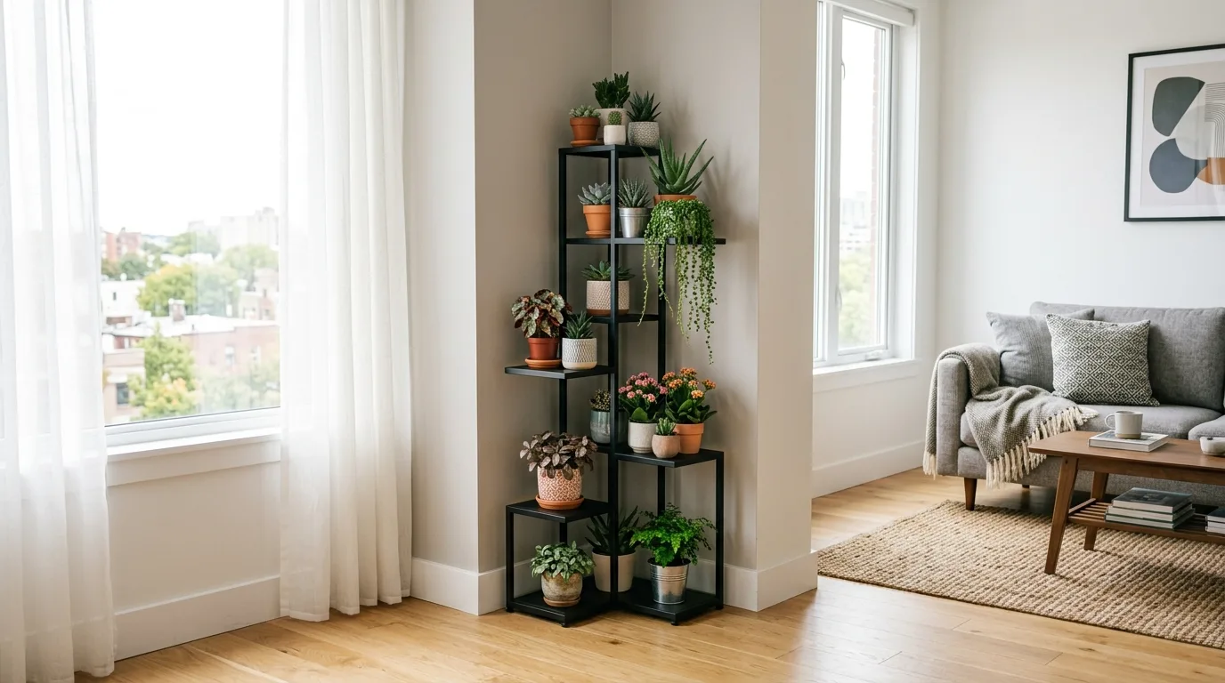 A narrow flower pot stand along a walkway edge with layered plants, no people