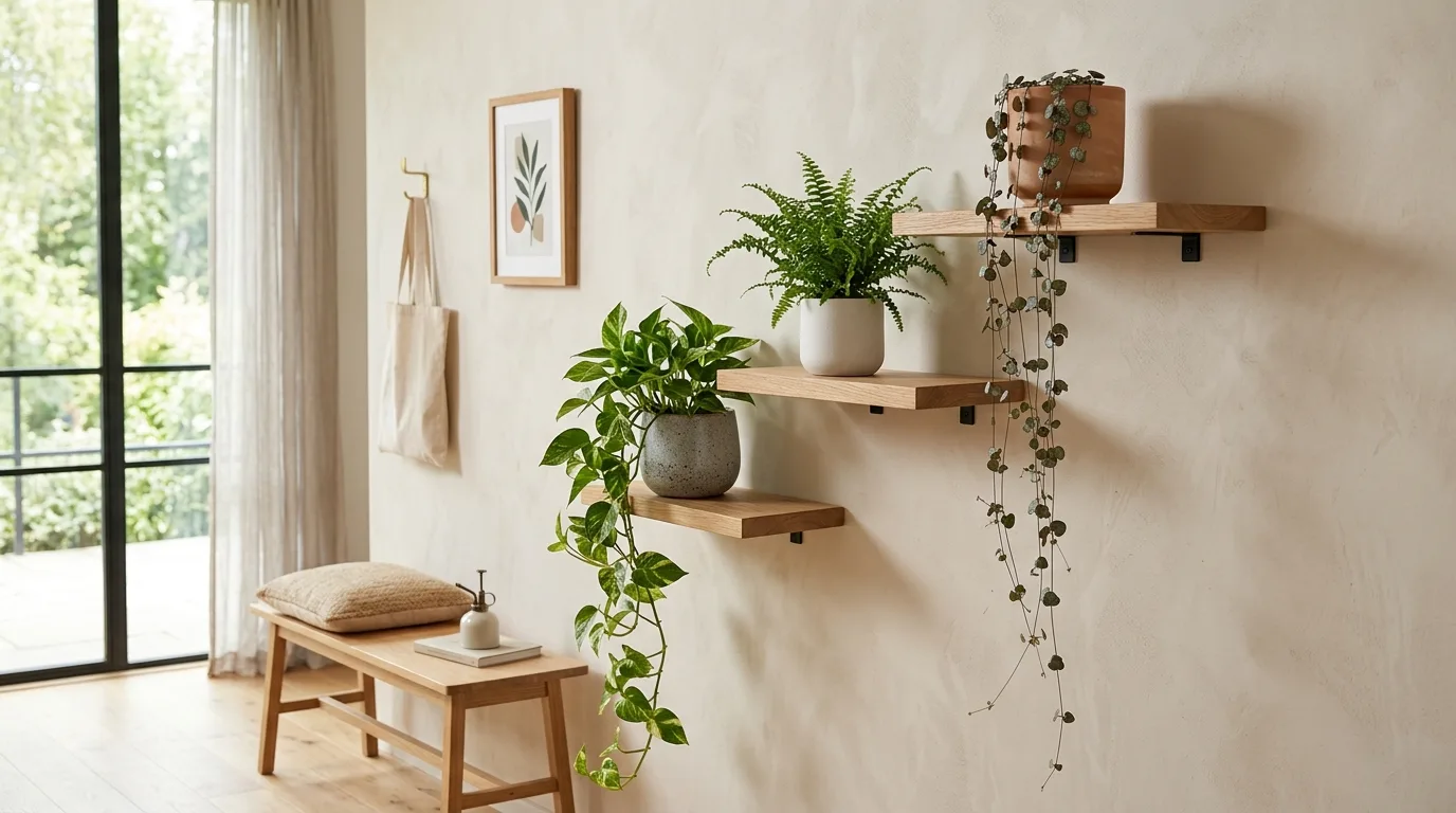 A flower pot stand combined with a bench in a styled garden vignette, no people