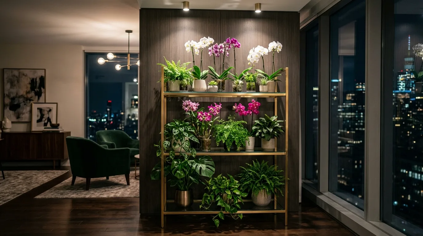 A rolling flower pot stand with plants on a sunny patio, no people