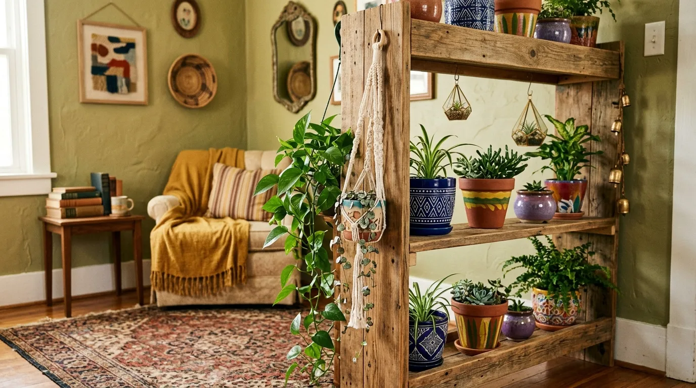 A grouped flower pot stand display with clay pots and herbs, no people