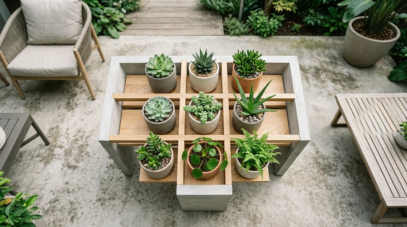 A tall flower pot stand beside a doorway with layered greenery, no people