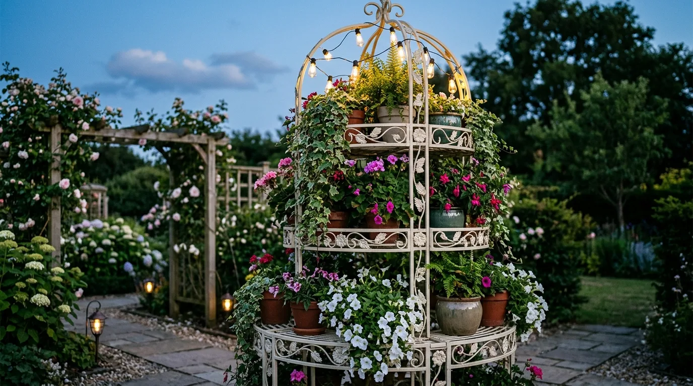 An elegant flower pot stand creating a vertical garden display with many pots, no people