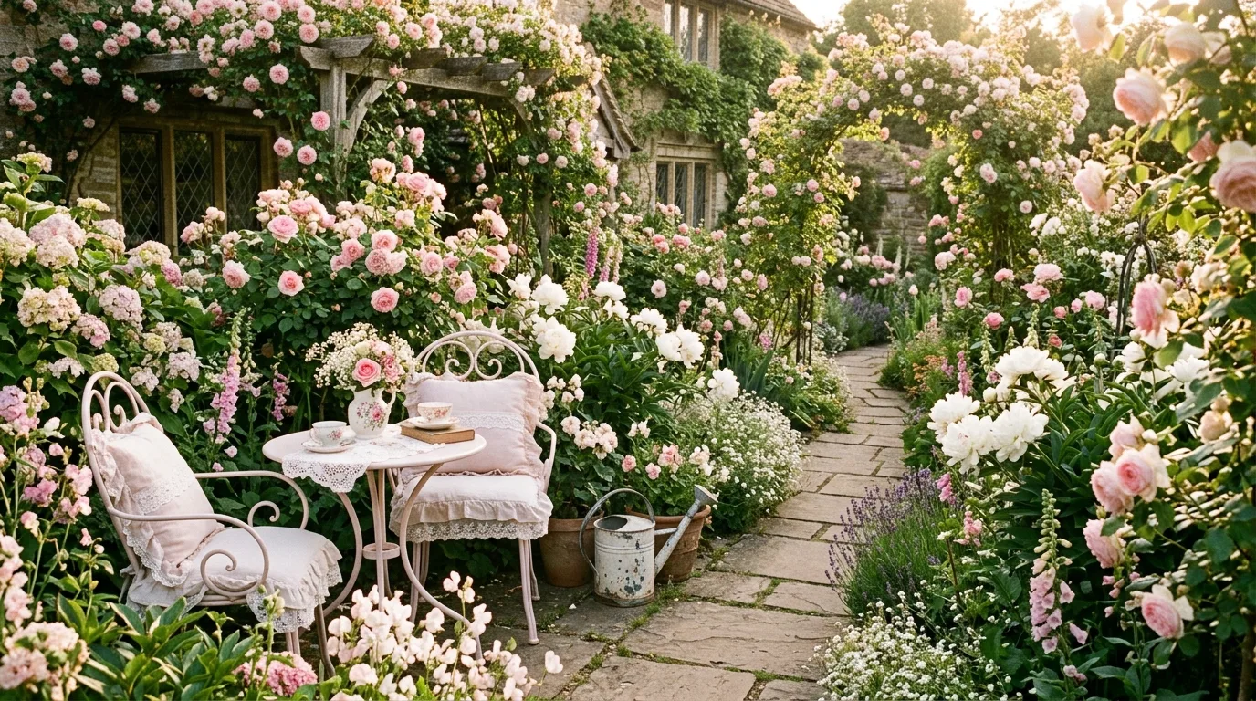 A charming coquette garden with blush rose borders around a gravel seating nook, no people