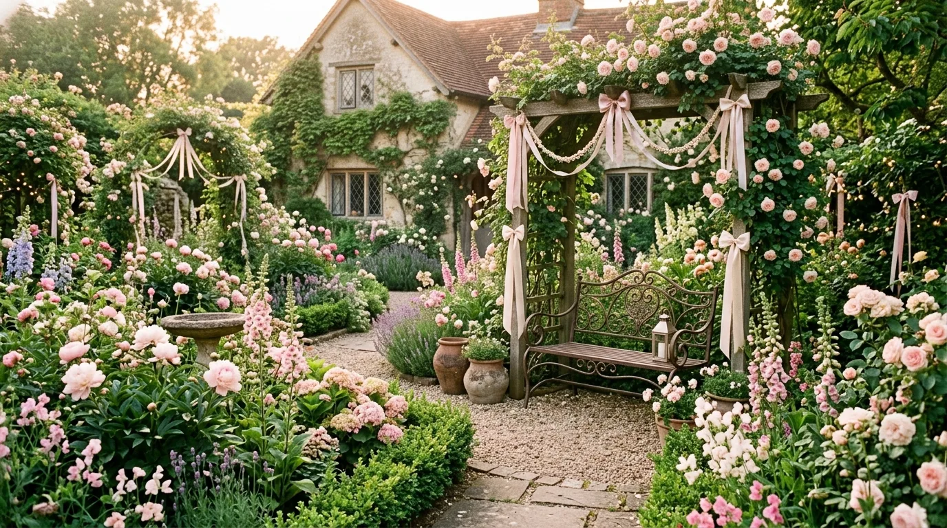 A white arbor draped in pastel climbing flowers in a romantic coquette garden, no people