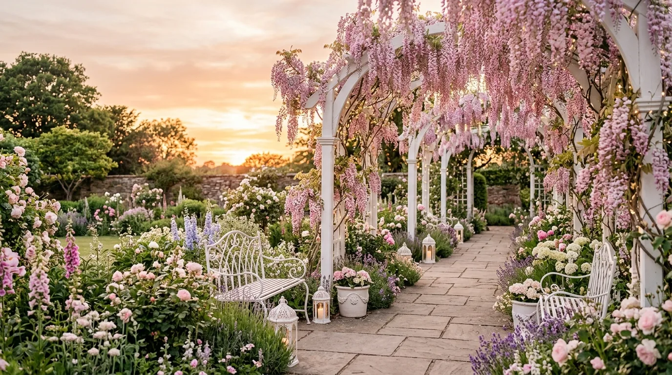 A layered coquette cutting garden with peonies and foxgloves in bloom, no people