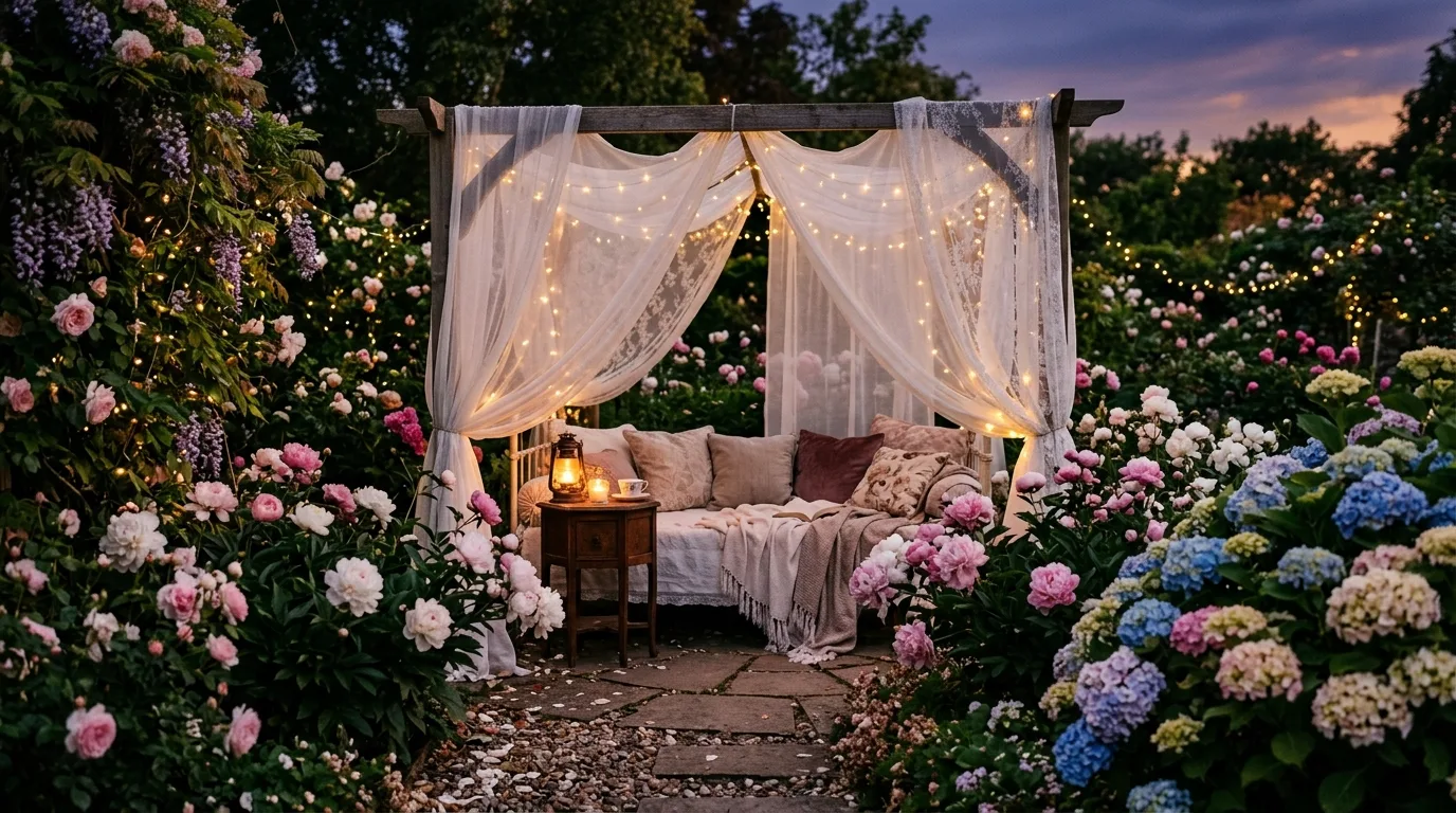 A winding path through pink and cream blooms in a coquette style garden, no people