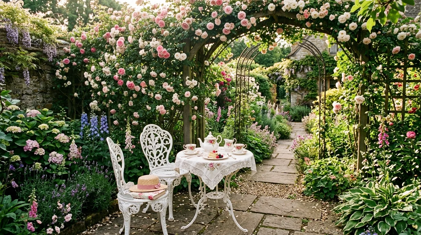 A small fountain framed by feminine cottage planting in a coquette garden, no people