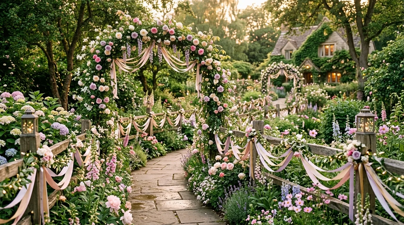 A wrought iron bistro corner with trailing flowers in a coquette garden, no people