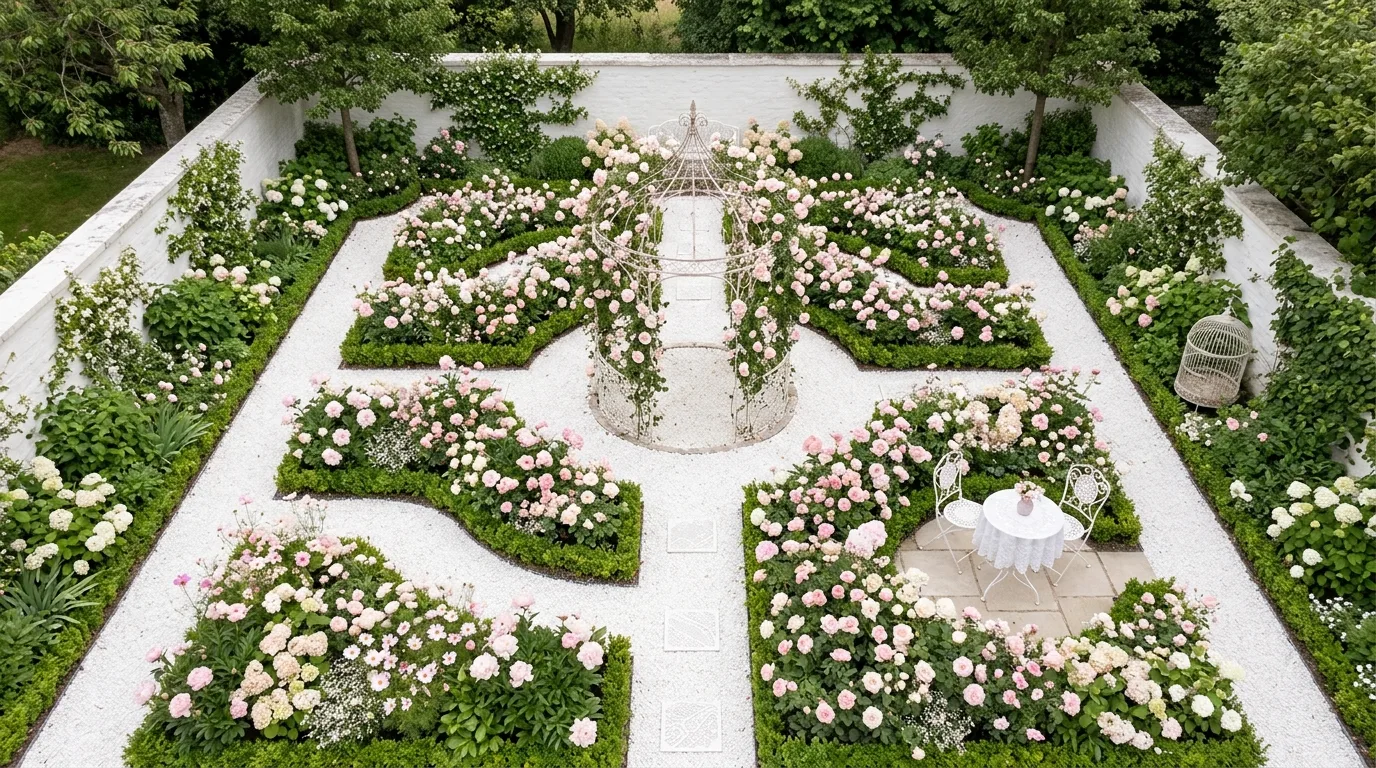 A pale flower moon garden with romantic coquette styling at dusk, no people