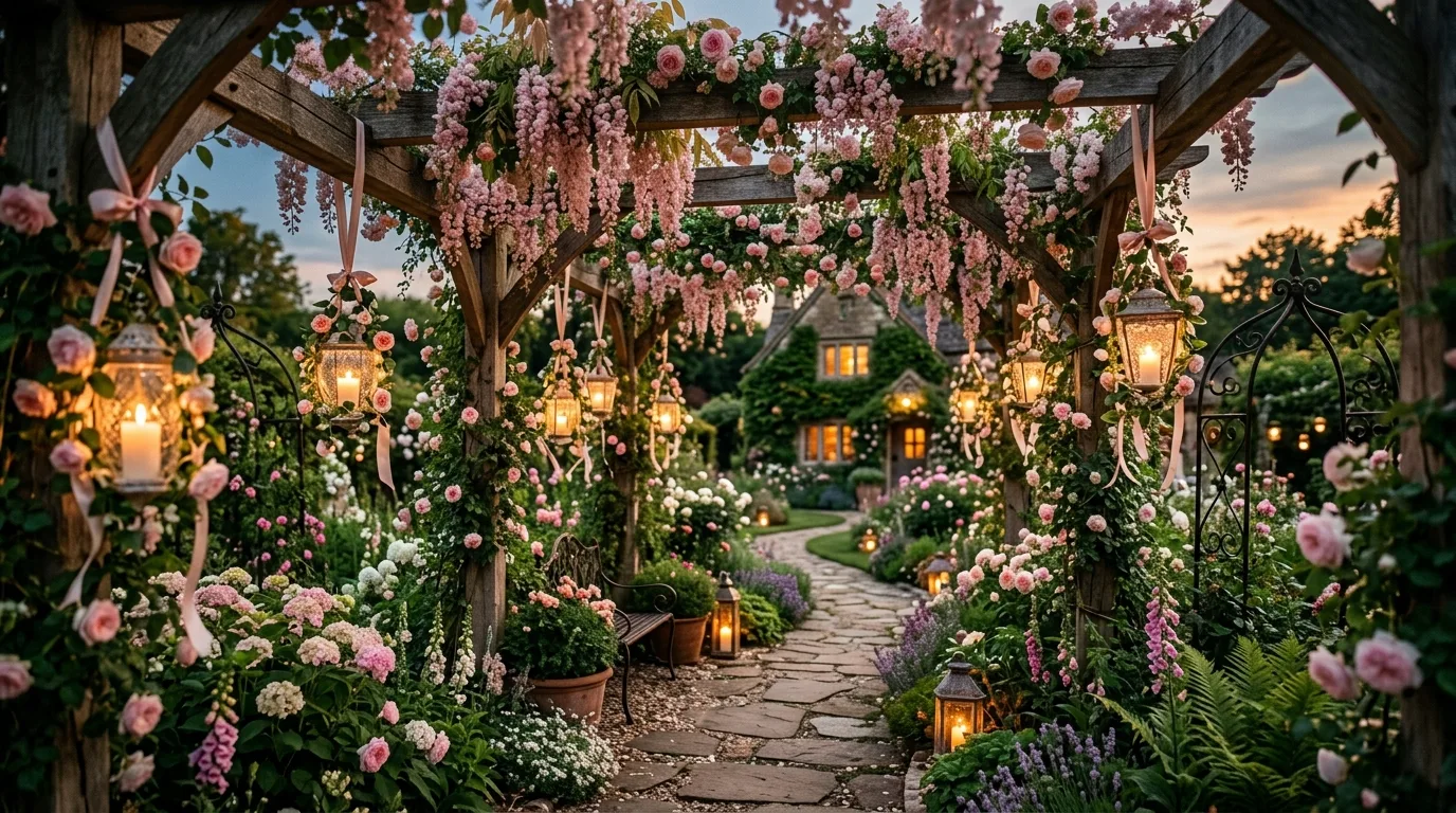 A layered container display with antique accents in a coquette garden, no people