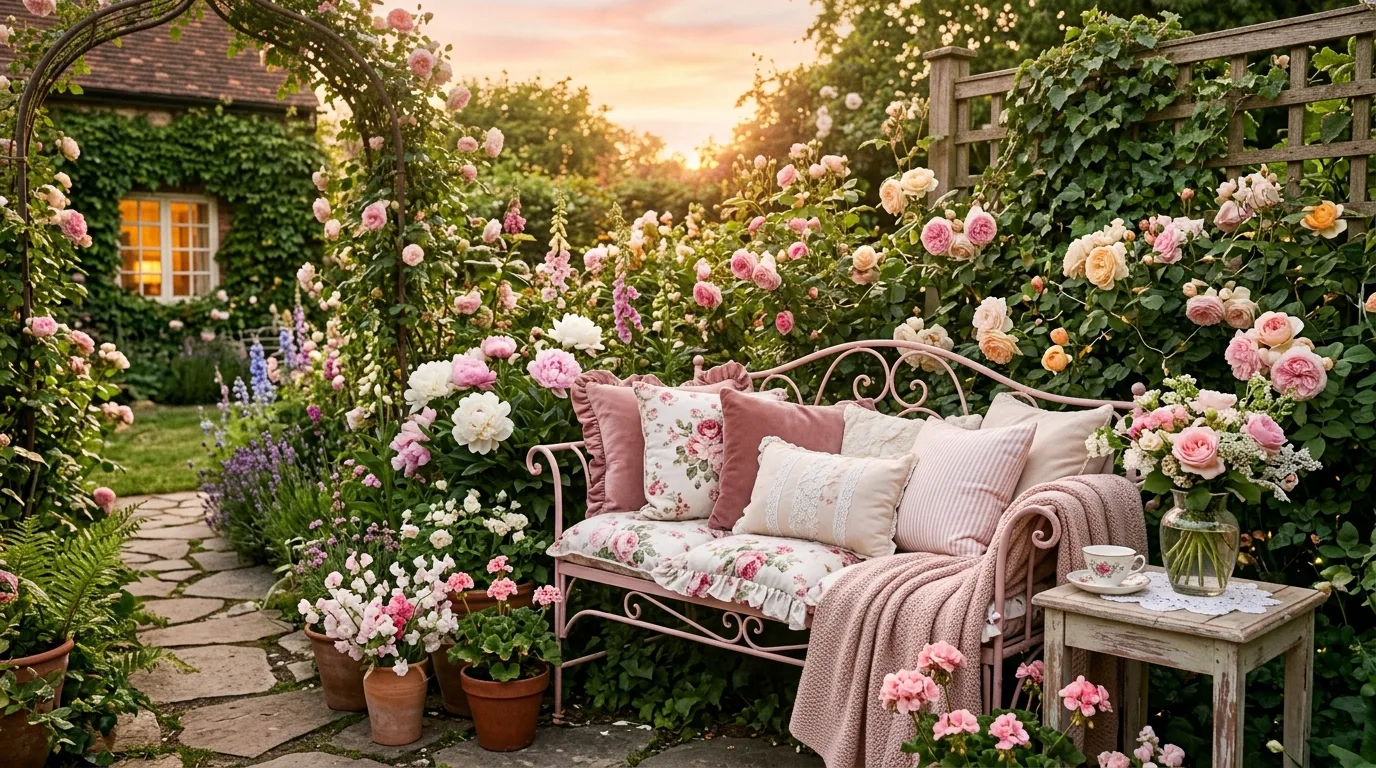 A floral trellis wall softening a private coquette courtyard, no people