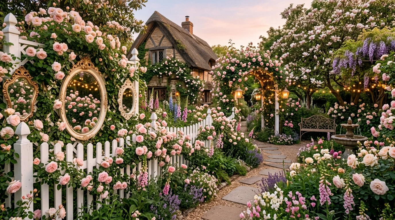 A romantic herb and flower mix in a coquette garden, no people