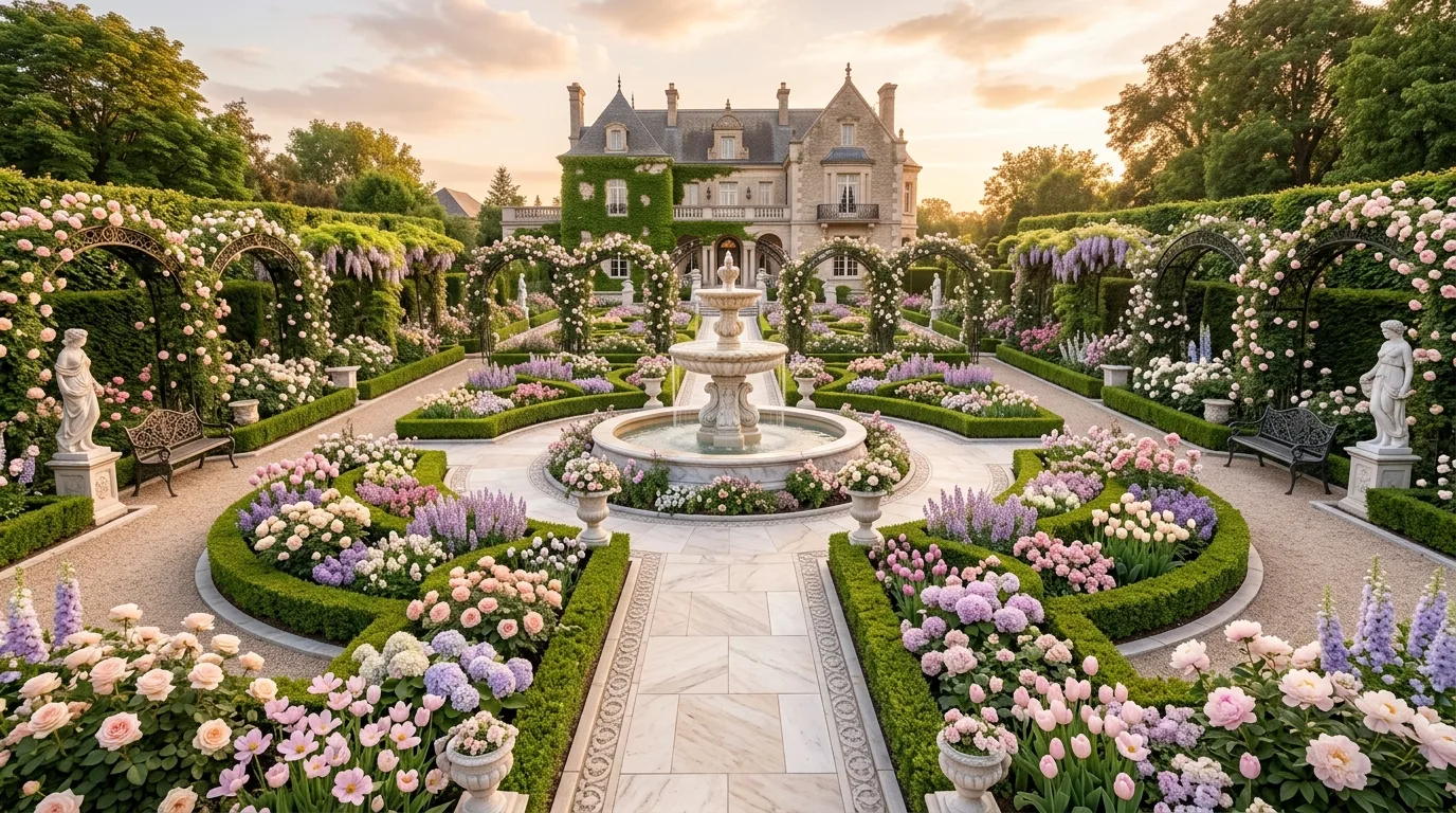 A pastel garden gate opening into a soft coquette landscape, no people